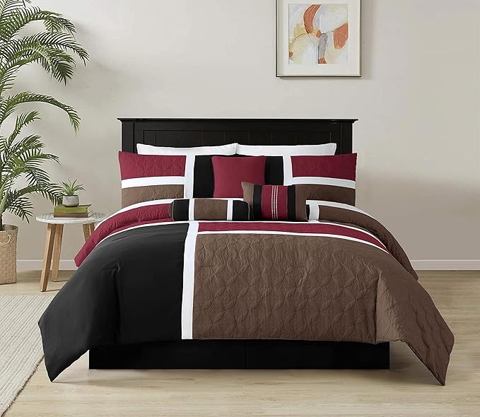 Chezmoi Collection Upland 7-Piece Quilted Patchwork Comforter Set, Burgundy/Black/Brown, King