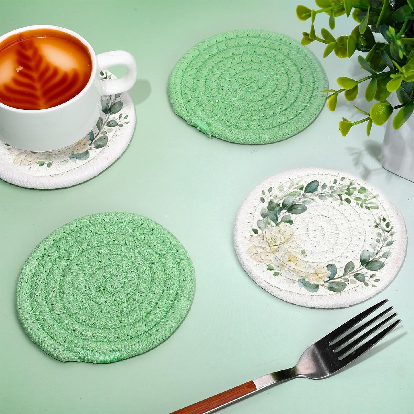 Whaline Eucalyptus Floral Cotton Coasters Flower Leaves Handmade Braided Drink Coasters Green Absorbent Cup Coaster for Spring Wedding Baby Shower Party Home Office Table Decoration, Set of 4