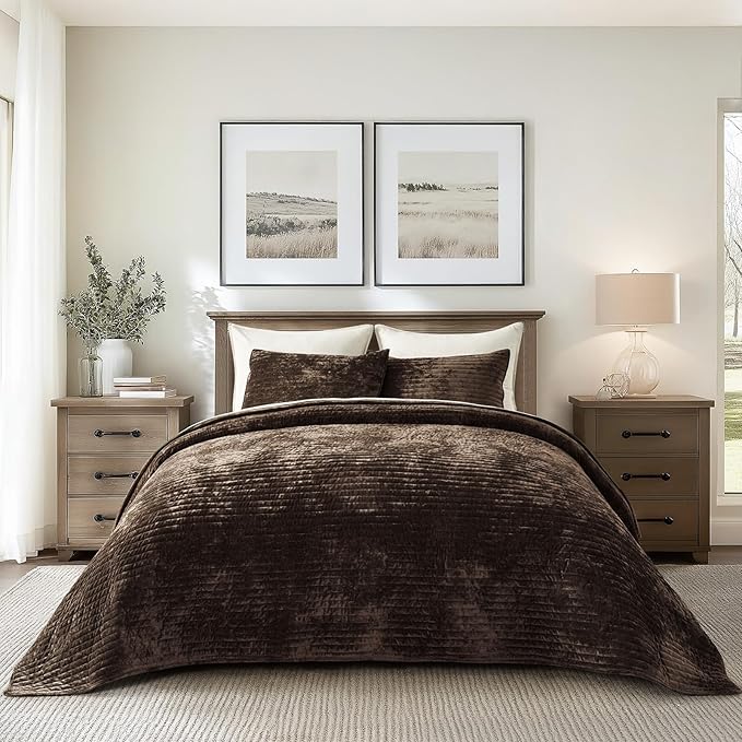 EVERGRACE Velvet Quilt Set King Size, Luxurious Soft Striped Channel Bedding Set, Lightweight Velvet Comforter for All Season, Oversized Bedspread Coverlet with 2 Matching Shams, Walnut Brown