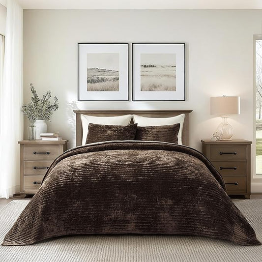 EVERGRACE Velvet Quilt Set King Size, Luxurious Soft Striped Channel Bedding Set, Lightweight Velvet Comforter for All Season, Oversized Bedspread Coverlet with 2 Matching Shams, Walnut Brown