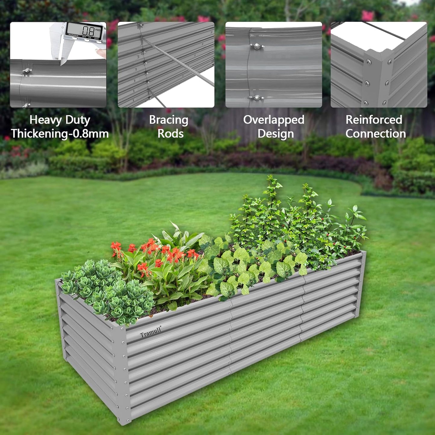 1 Pack 8x3x2FT Galvanized Raised Garden Bed Kit Retangular Metal Ground Planter Box Outdoor Bottomless Planter Raised Beds for Vegetables Flowers Herbs Fruits, Gray