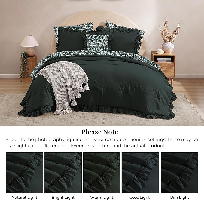 King Comforter Set - 7 Pieces Ruffle Forest Green Bedding Sets, Shabby Chic Farmhouse Bed in a Bag with Ruffle Comforter, Floral Sheets, Pillowcases & Shams