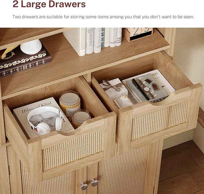 Iwell Tall Storage Cabinet, Rattan Cabinet with 2 Drawers & Adjustable Shelf, Kitchen Pantry Storage Cabient, Entryway Cabinet for Living Room, Dining Room, Home Office, Natural