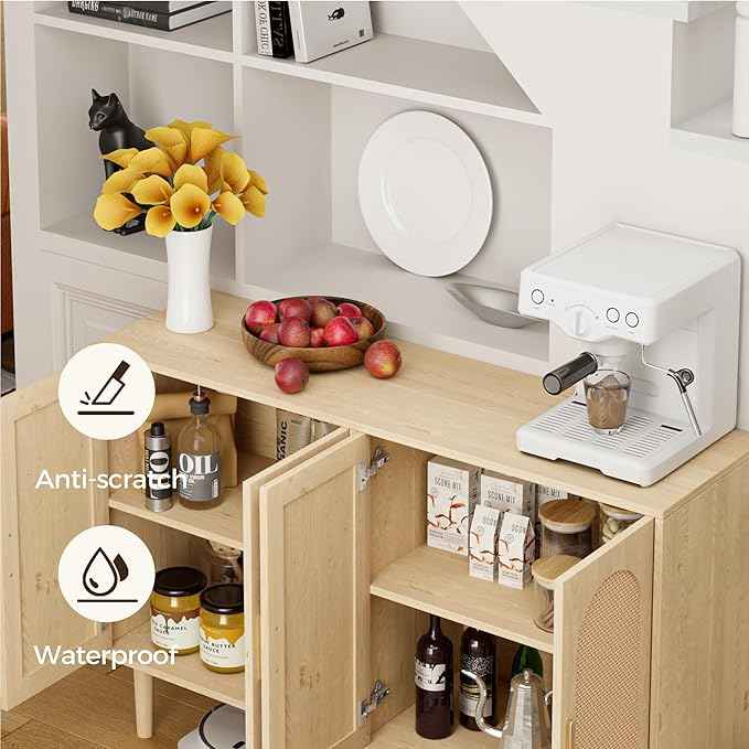 Modern Rattan-Door Sideboard Cabinet – 4-Door Credenza Buffet with Ample Storage, Large Accent Cabinet for Entryway, Living Room, Dining Room & Kitchen, Natural