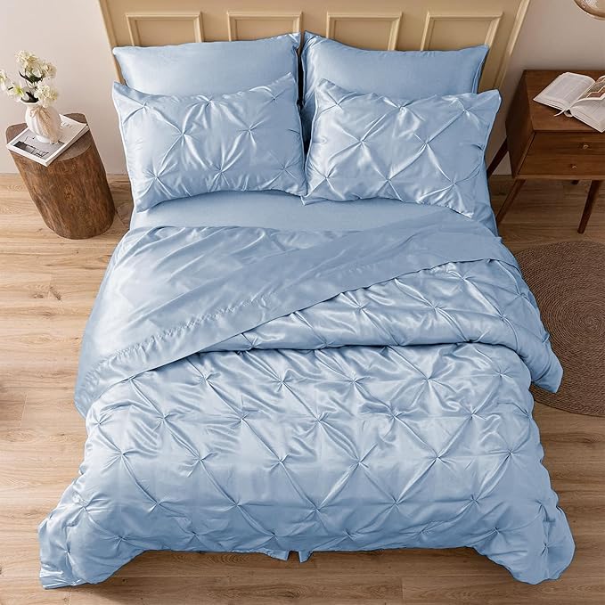 MR&HM Satin Comforter Queen 7 Pieces - Luxurious Pinch Pleat Bedding Set with Comforter, Flat Sheet, Fitted Sheet, Pillowcases & Shams, Super Silky Soft Bed Set for All Season (Queen, Blue Haze)