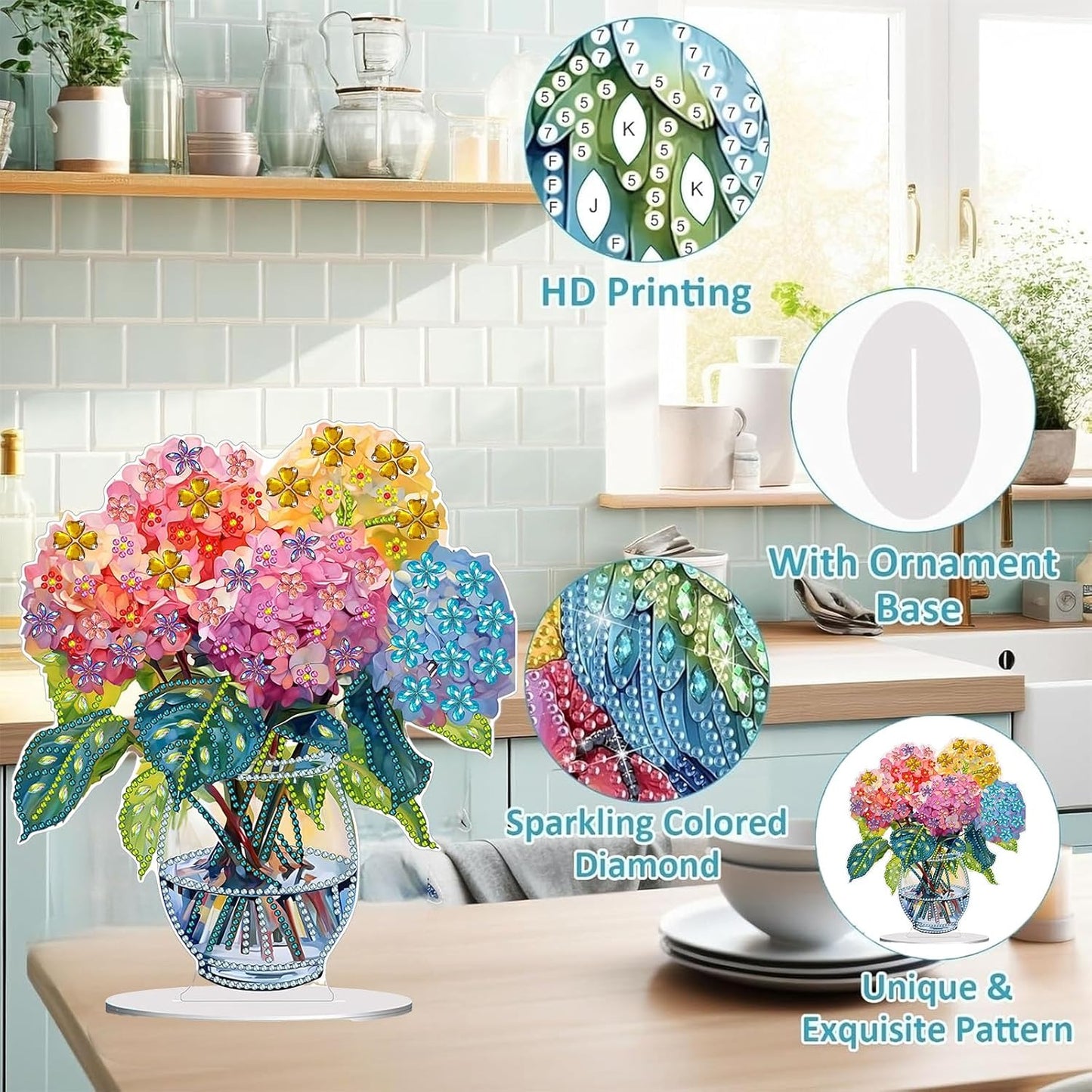 Diamond Painting Kits for Adults Beginners, 5D Full Drill Flowers Crystal Art Desktop Ornament, DIY Single Sided Home Office Desk Decor, Creative Craft Gift Set with Tools