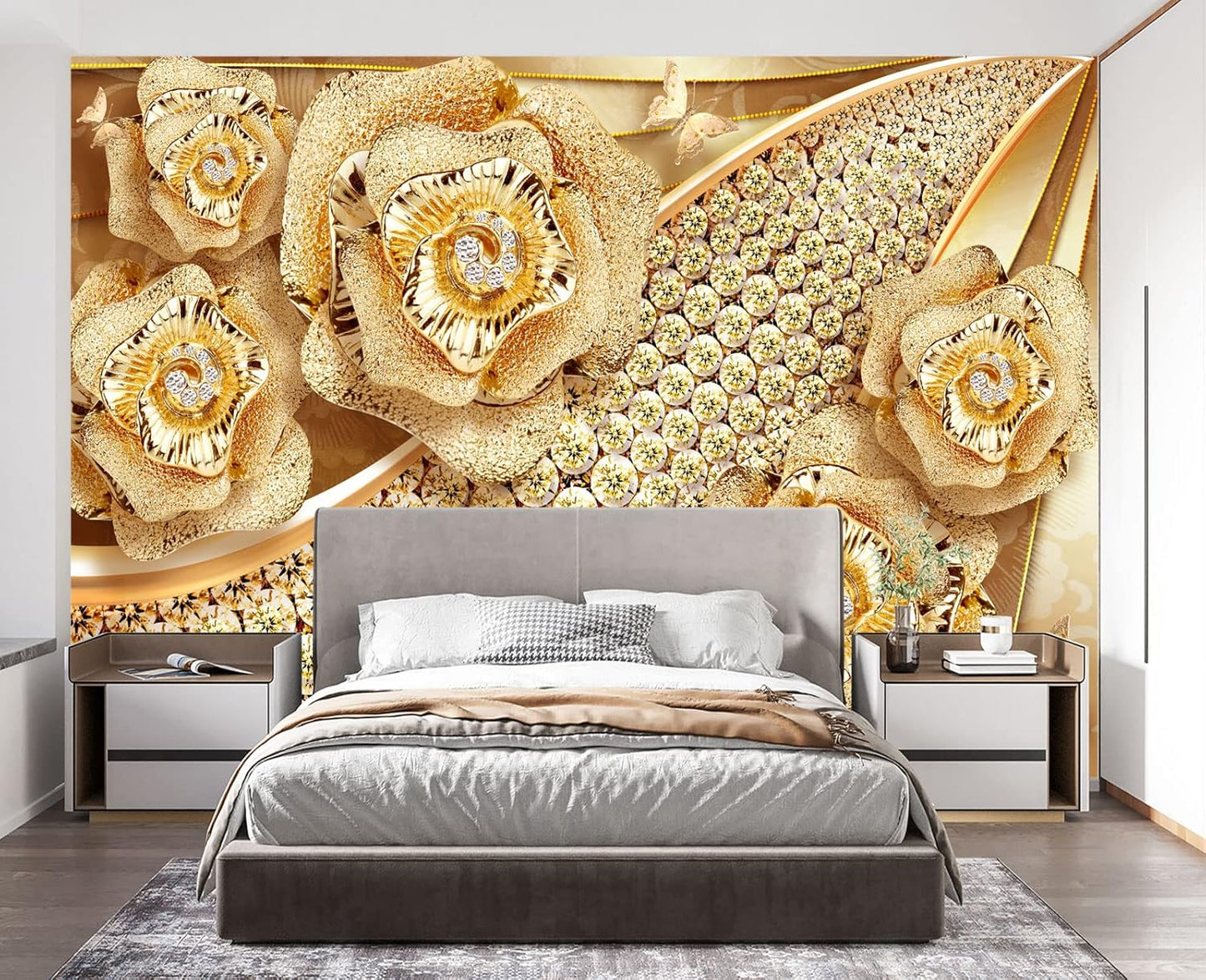 Golden Jewelry Diamond Rose Butterfly Wall Mural Wallpaper for Bedroom 178" x 117"