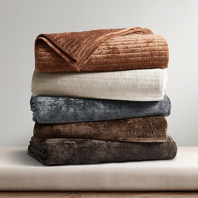 EVERGRACE Velvet Quilt Set California King 118'' x 106'', Luxurious Soft Striped Channel Bedding Set, Lightweight Velvet Comforter for All Season, Oversized Bedspread Coverlet w/ 2 Shams, Dark Brown