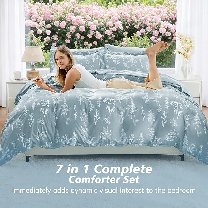 MUXHOMO Mineral Blue Bed in a Bag King 7 Pieces, King Comforter Set Reversible Botanical Flowers Design, Ultra Soft & Breathable Bedding Sets with Comforter, Sheets, Pillowcases & Shams