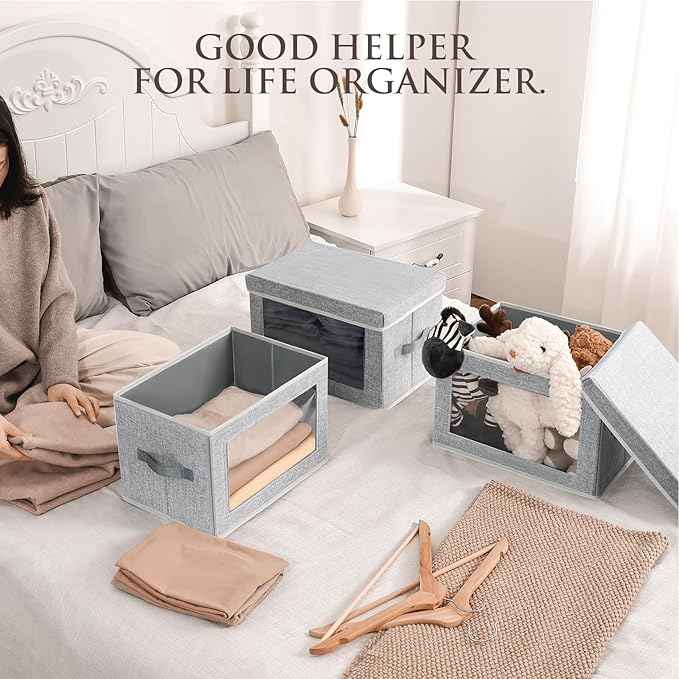Stackable Storage Bins with Lids - Medium Storage Box with Lids, Foldable Storage Bins, Wardrobe Clothes Organizer with Window, Cubes Storage Bins for Living Room, 6 Pack, Blended