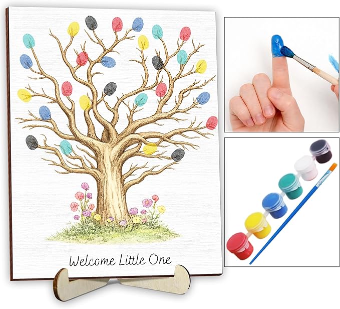 Personalized Fingerprint Art Tree Sign, Baby Shower Guest Books with Paint, Family Craft Keepsake Gift Ideas for Expecting Parents, Gender Reveal Party Decorations, Thumbprint Hanging Painting