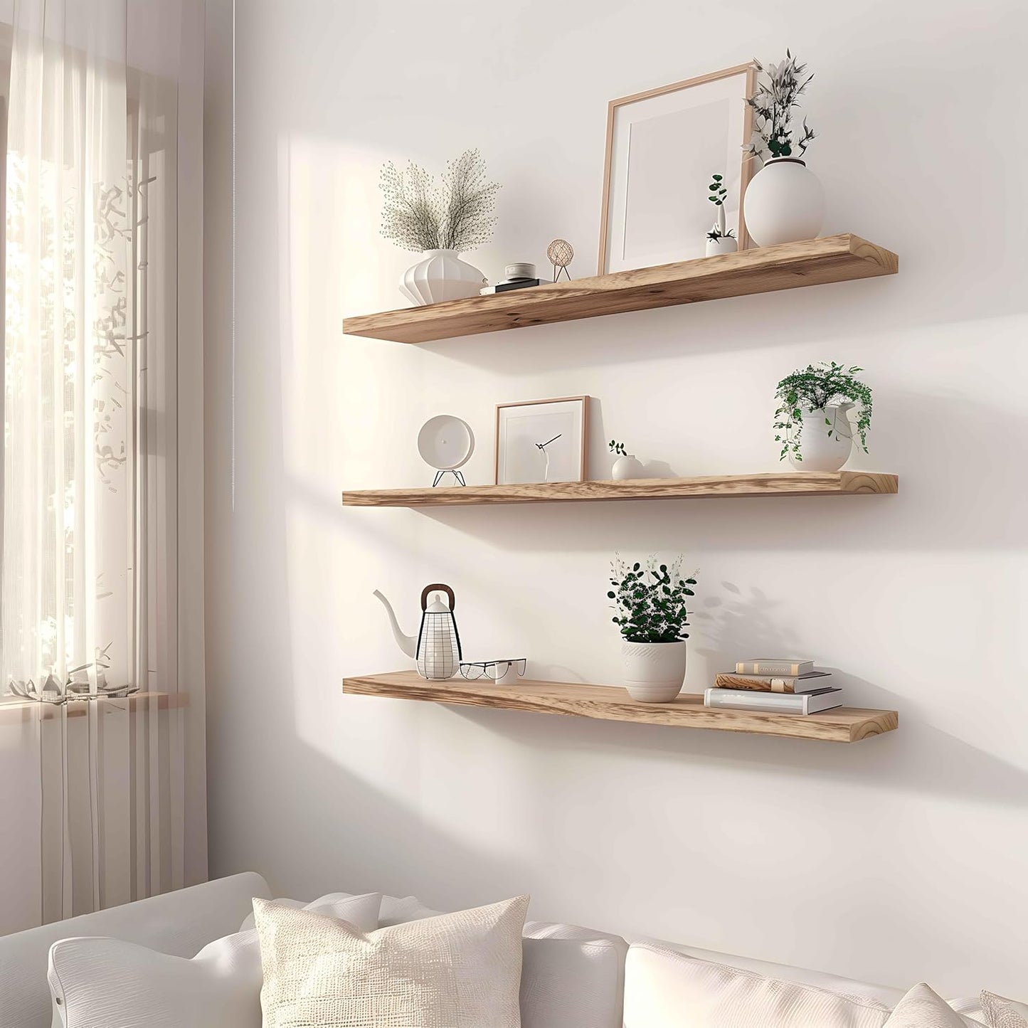 Wood Floating Shelves for Wall, Rustic Wall Shelves for Bedroom, Wall Mounted Floating Shelf, Set of 4 Light Walnut 36 Inch - Décor Diaries