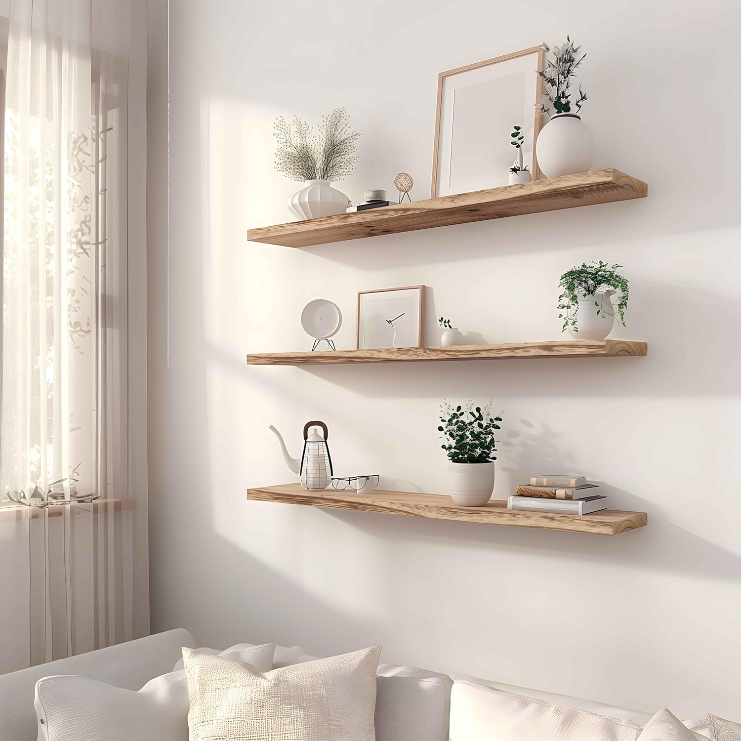 Wood Floating Shelves for Wall, Rustic Wall Shelves for Bedroom, Wall Mounted Floating Shelf, Set of 4 Light Walnut 36 Inch - Décor Diaries