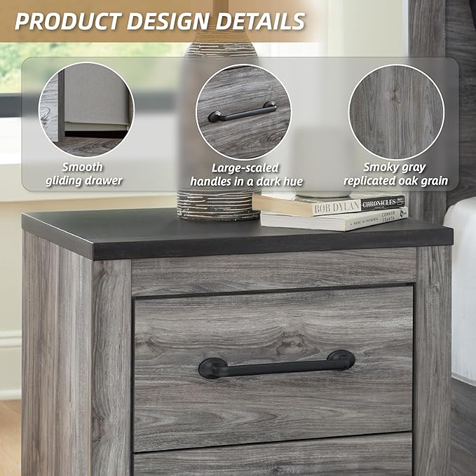 Signature Design by Ashley Bronyan Rustic 2 Drawer Nightstand, 2-Tone Look, Light Gray and Dark Gray, Large Scale Handles, Fully Finished Drawer Interiors, 24.72" Tall, Gray