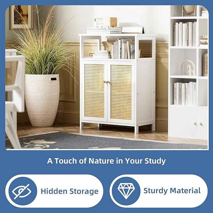 HITNET Bamboo Cabinet, Rattan Storage Cabinet with Doors, Freestanding Floor Cupboard for Bathroom, Living Room, Hallway, White