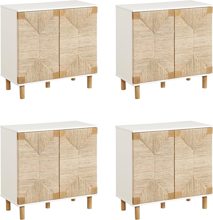 Nathan James Beacon Accent Natural Sideboard Storage Cabinet TV Stand with Adjustable Interior Shelf and Seagrass Doors, for Hallway, Entryway or Dining Room, Light Brown/White, Set of 4