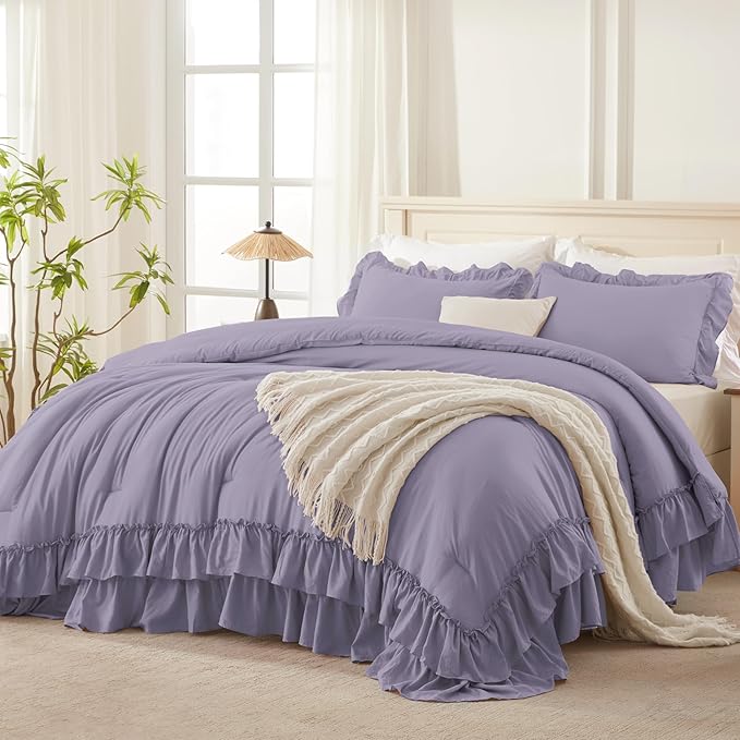 Andency Grayish Purple Ruffle Comforter Full Set, 3pcs Vintage Farmhouse Shabby Chic Bedding Comforter Set, Soft Lightweight Fluffy Bed Comforter Sets All Season Bedding Set
