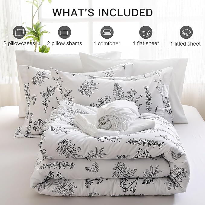 MUXHOMO White King Comforter Set, Elegant Floral Print Bed in a Bag 7 Pieces, Ultra Soft & Breathable Reversible Botanical Pattern Bedding Set with Comforter, Sheets, Pillowcases, and Shams