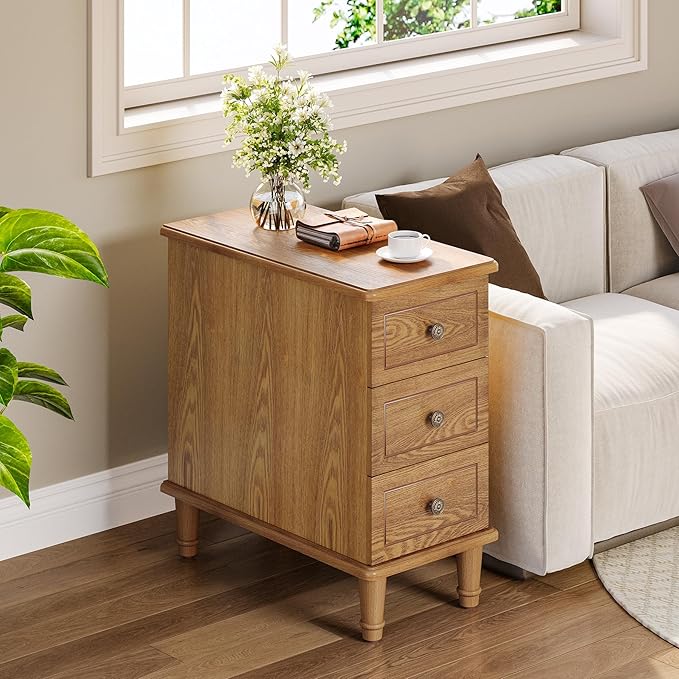 LITTLE TREE Fully Assembled End Table, Set of 2, Narrow Bedside Table with 3 Drawers, Vintage Nightstand for Small Spaces, Living Room, Bedroom, Natural Color