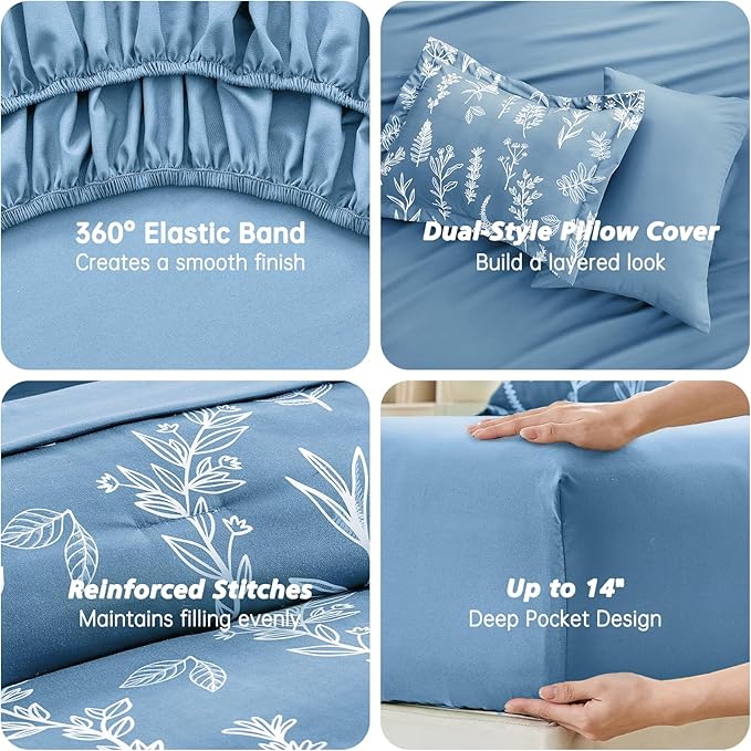 MUXHOMO Ice Blue Full Comforter Set, Elegant Floral Print Bed in a Bag 7 Pieces, Ultra Soft & Breathable Reversible Botanical Pattern Bedding Set with Comforter, Sheets, Pillowcases, and Shams