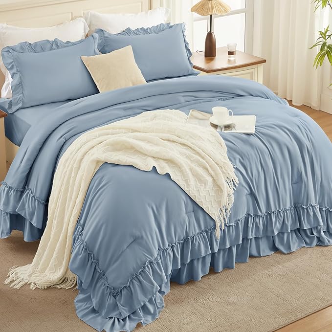 Andency Grayish Blue Full Size Comforter Set, 3 Pieces Lightweight Fluffy Shabby Chic Ruffle Bedding Comforter Sets, All Season Soft Microfiber Bed Set for Kids, Boys, Men(79x90Inch)