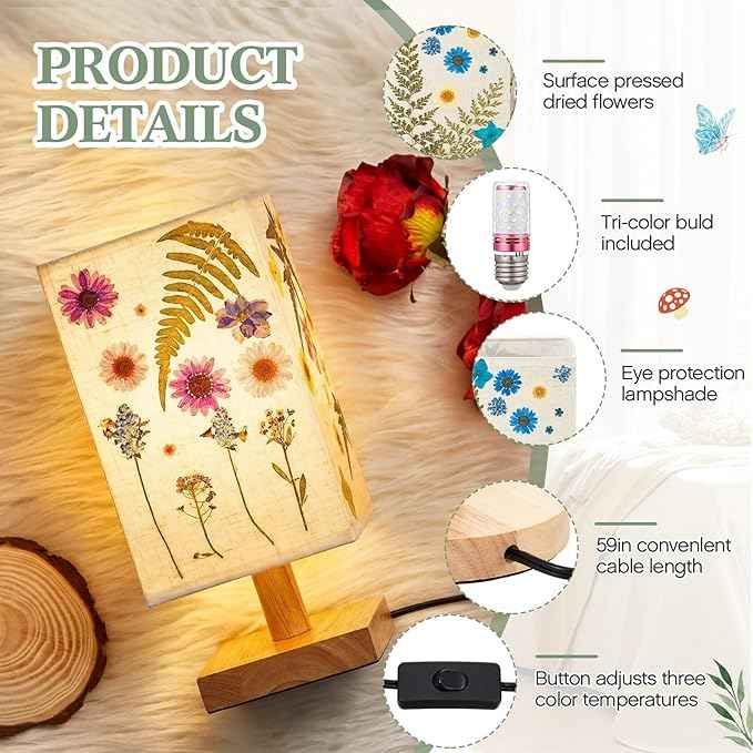 Hortsun Pressed Flower Lamp Vintage Table Small Lamp Cottagecore Decor Boho Night Light Decorative Rustic Night Light for Bedroom, Living Room or Office, Valentine Gift for Women(Rectangle)