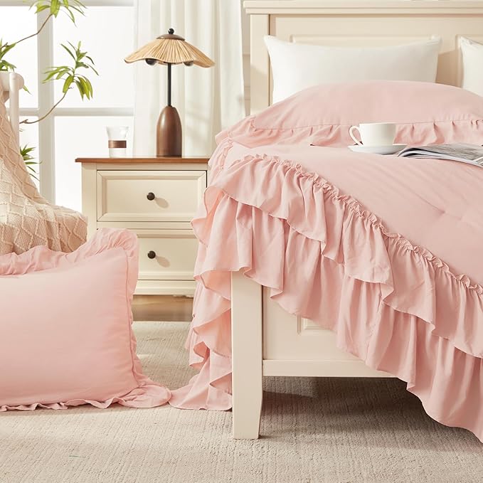 Andency Blush California King Comforter Set(104x96Inch), 3 Pieces Farmhouse Shabby Chic Ruffle Bed Comforter, Lightweight Fluffy Soft Microfiber All Season Bedding Comforter Sets