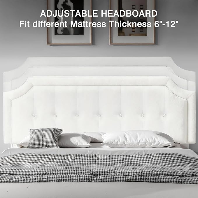 VECELO Queen Size Bed Frame with Velvet Upholstered Headboard, Platform Bedframe Mattress Foundation, Sturdy Wooden Slats Support,No Box Spring Needed Noise Free/Easy Assembly, White