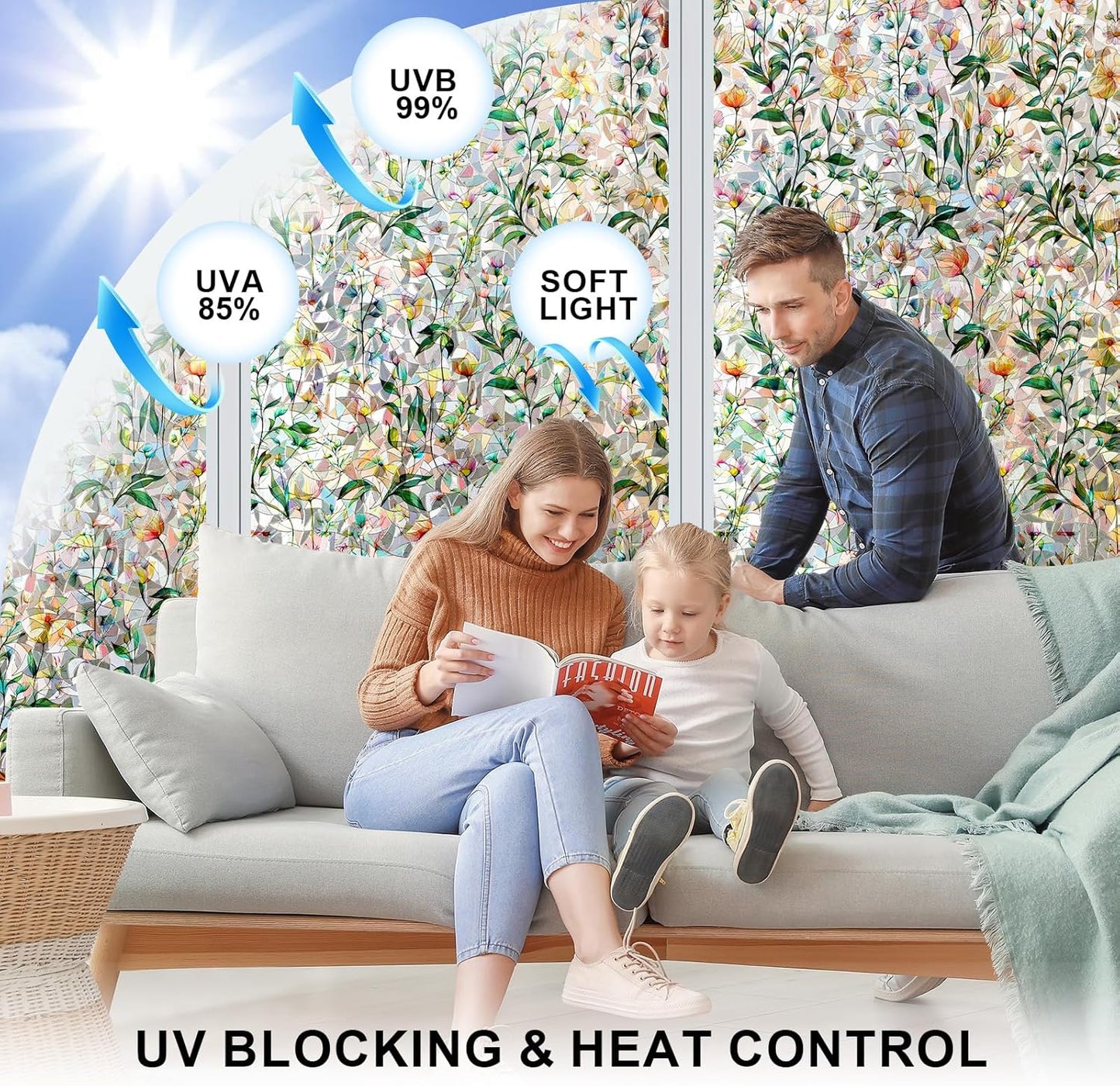 Rainbow Window Privacy Film 3D Floral Decorative Stained Glass Window Film Anti UV Non-Adhesive Reusable 23.6" x 78.7" for Home Room Car Glass Cling