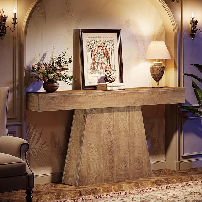 Tribesigns 63" Console Table, Farmhouse Entryway Table with Trapezoidal Base, Narrow Long Wood Sofa Table Behind Couch Table for Entrance, Hallway, Living Room, Natural