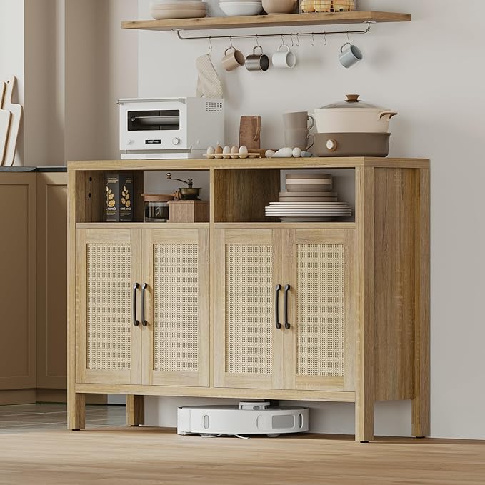 Mericonia Rattan Buffet Cabinet with Storage, Sideboard with Doors, Console Table, Farmhouse Coffee Bar, Modern Wood Storage Cabinets TV Stand(Natural 2.0)