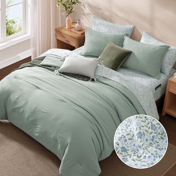 Monbix Queen Comforter Set - 7 Pieces Sage Green Prewashed Bed in a Bag Queen Bedding Sets with Comforters, All Seasons Ultra Soft Comforter Bed Set with Sheets,Pillowcases & Shams
