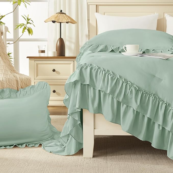Andency Sage Green California King Comforter Set, 3 Pieces Farmhouse Shabby Chic Bedding Comforter Sets, Lightweight Fluffy Soft Microfiber All Season Bed Set(104x96In Comforter)