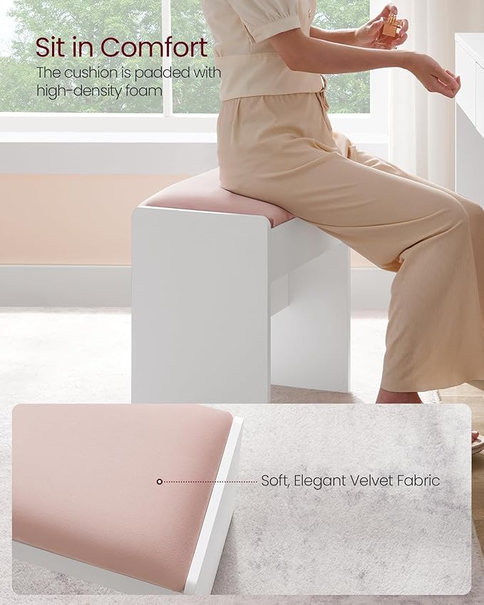VASAGLE Kailyn Collection - Velvet Vanity Stool, Upholstered Makeup Stool, Footrest with Anti-Slip Pads, for Makeup Room, Bedroom, Entryway, Matte White and Jelly Pink URDS001W01S