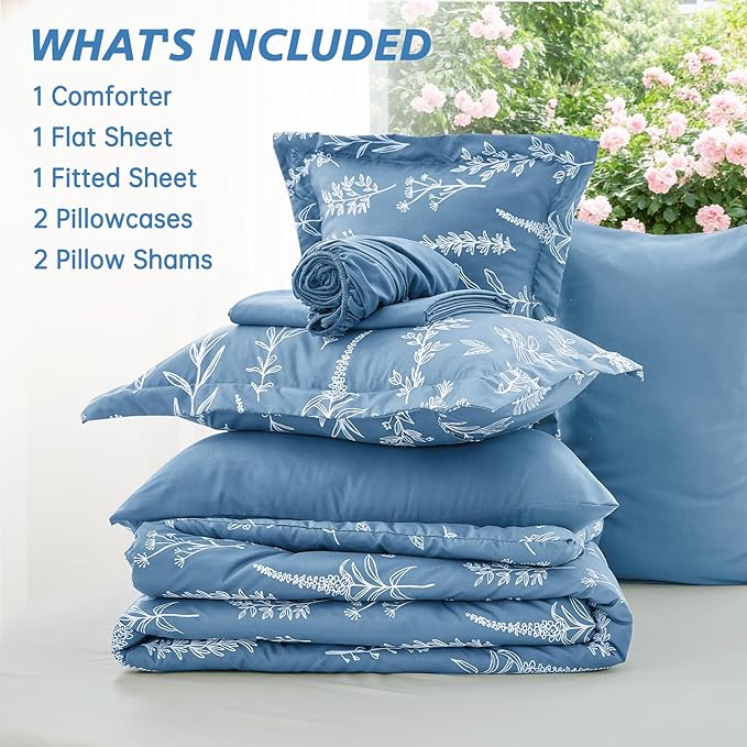 MUXHOMO Ice Blue Bed in a Bag Queen 7 Pieces, Queen Comforter Set Reversible Botanical Flowers Design, Ultra Soft & Breathable Bedding Sets with Comforter, Sheets, Pillowcases & Shams