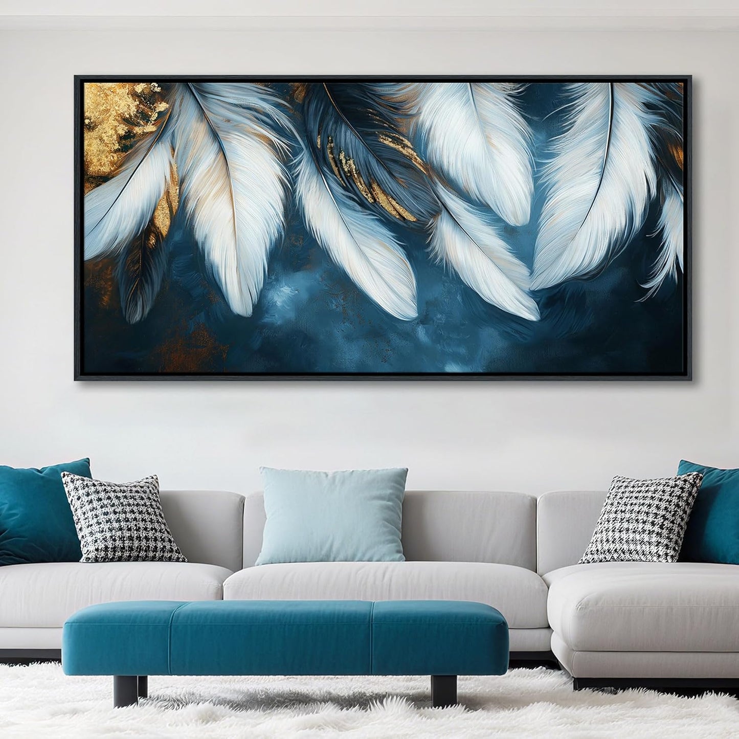 Mofutinpo Blue and Gold Wall Art Framed Navy Blue Decor for Living Room Feather Canvas Art Wall Pictures, Blue Bedroom Wall Decor Above Bed Pictures Wall Decor, Painting - Artwork for Walls 24×48IN