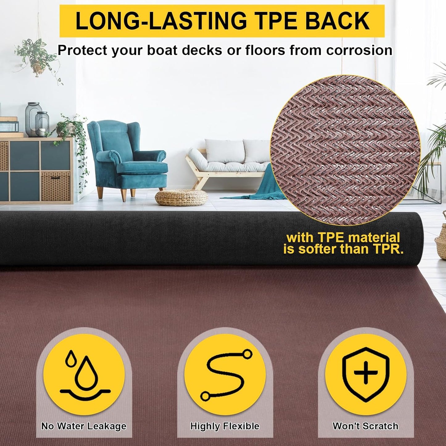 Marine Carpet - 6 FT x 18 FT Black Indoor/Outdoor Carpet, 0.2" Thick, Water-Proof TPE Backing, Non-Slide for Home, Patio, Porch, Deck