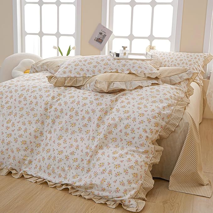 Ruffle Comforter Set Queen Vintage Rose Flower Comforter 3 Pieces Romantic Floral Bedding Set Queen Fluffy Soft Flowers Botanical Comforter Set 1 Flower Ruffled Comforter with 2 Lace Pillowcases