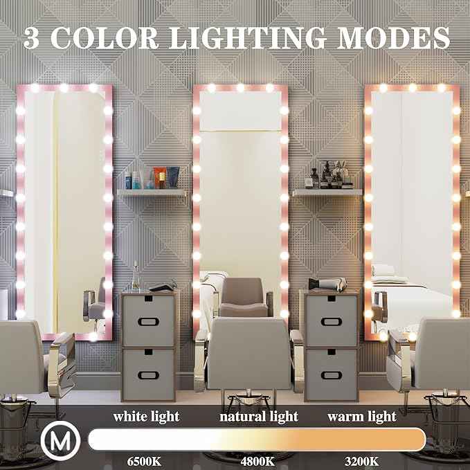 Full Length Mirror with Lights, 65" x 24" Led Standing Mirror, Wall Mounted and Floor Standing Bulbs, Wall Mounted for Bedroom,Dimming&3 Color Modes (Pink)