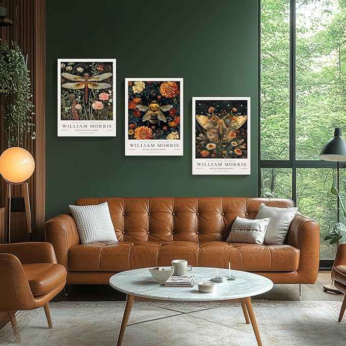 Hianan William Morris Animal Botanical Inspired Canvas Wall Art, Vintage Dragonfly Bee Butterfly Poster Prints, Maximalist Nature Flower Aesthetic Pictures for Living Room Bedroom Framed 12"x16"x3