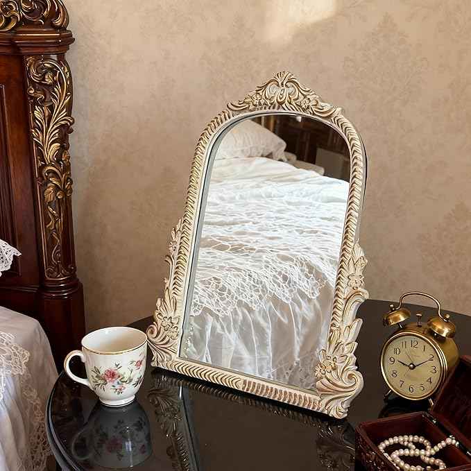 Baroque White Vintage Vanity Mirror 13x10 Inch, Wall-Mounted & Tabletop Dual-Use, Ornate Gold Accent Retro Decorative Mirror for Bedroom Dresser, Bathroom, Living Room and Dorm