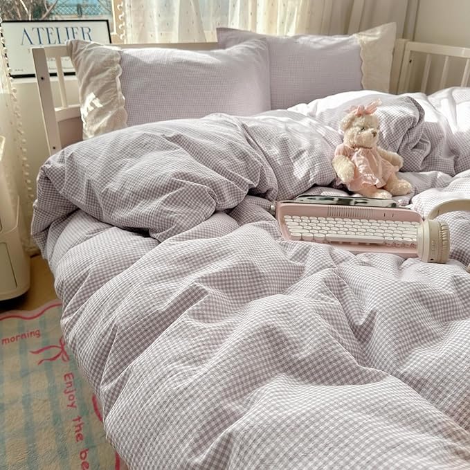 LifeTB Purple Gingham Comforter Set King 3 Pieces Purple Grid Bedding Comforter with Romantic White Lace Fluffy Soft Microfiber Farmhouse Gingham Bedding Set Vintage Plaid Checkered Comforter Set