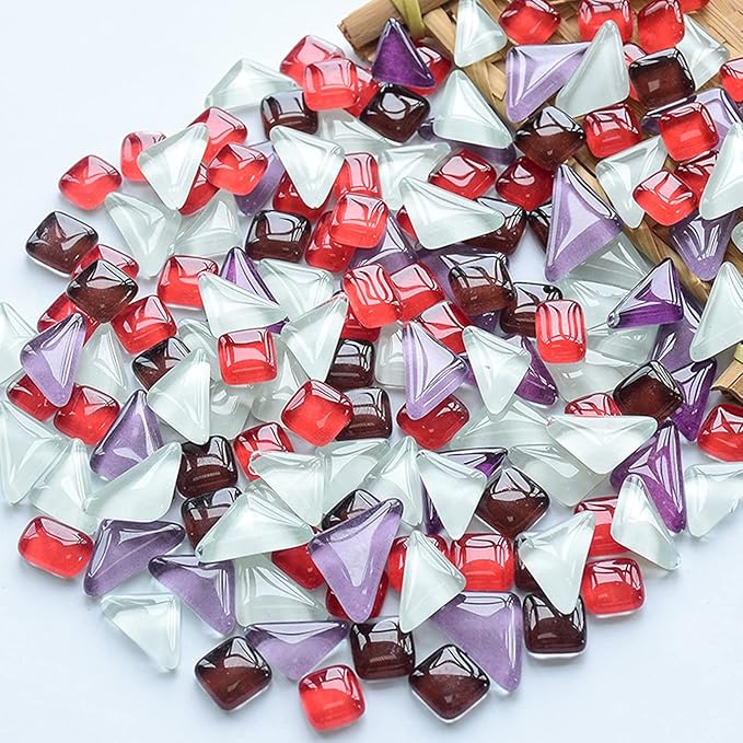 200g Mixed Color Mosaic Tiles Glass Mosaic Glass Pieces for Home Decoration or DIY Crafts, Square Triangle Rectangle, Irregular Size (Purple Red White Mix)
