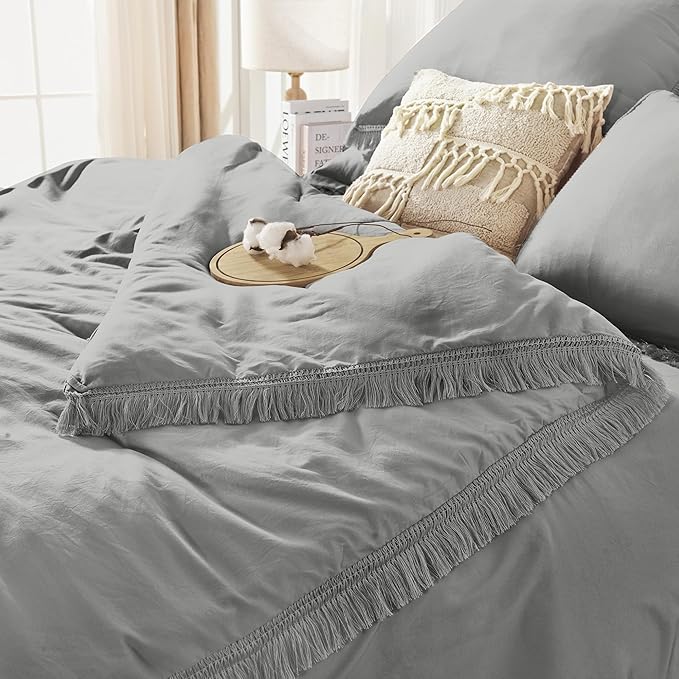 Andency Queen Comforter Set with Sheets Medium Grey - 7 Pieces Boho Tassel Bed in a Bag Soft Lightweight Bedding Sets, Fringe Bed Set with Comforter, Sheets, Pillowcases & Shams