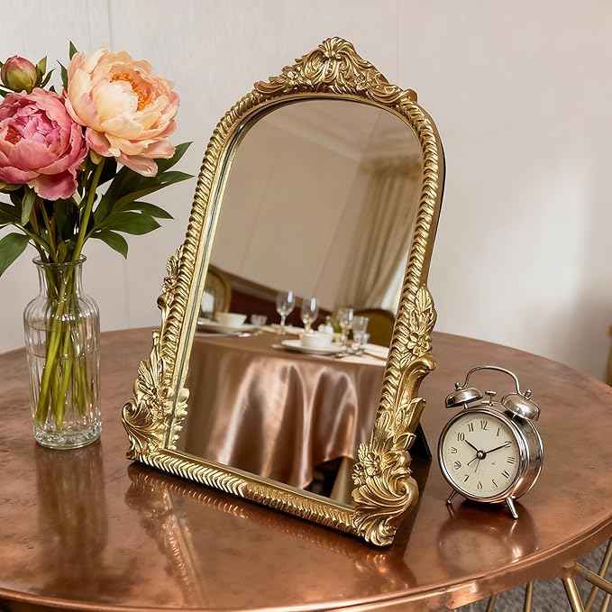 Baroque Gold Vintage Vanity Mirror 13x10 Inch, Wall-Mounted & Tabletop Dual-Use, Ornate Gold Accent Retro Decorative Mirror for Bedroom Dresser, Bathroom, Living Room and Dorm