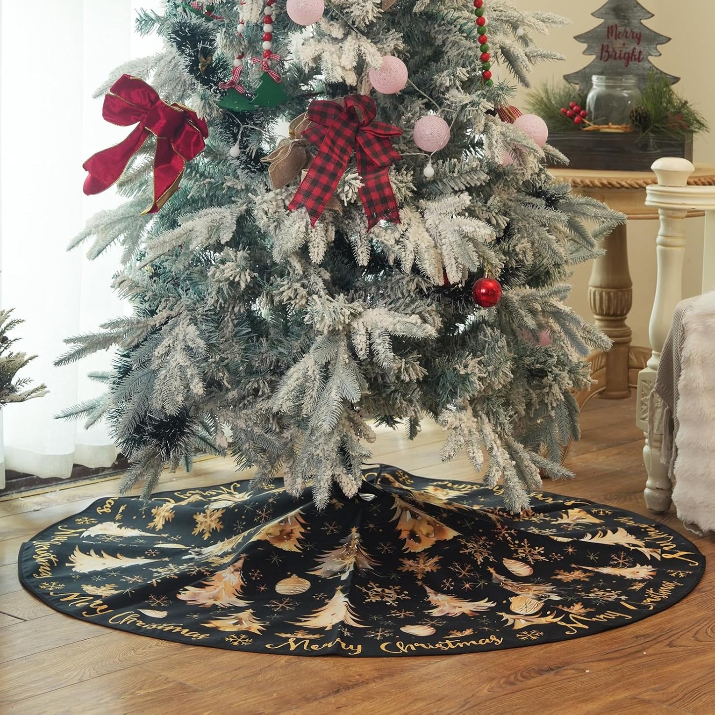 CROWNED BEAUTY Merry Christmas Tree Skirt Collar 48 Inch Xmas Trees Snowflakes Soft Farmhouse Holiday Decoration (Gold & Black) TS26