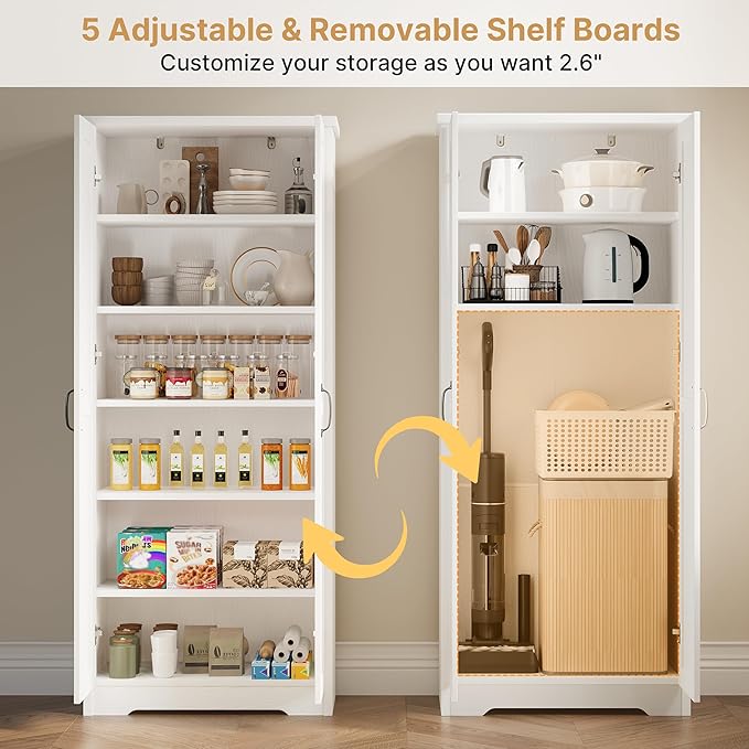 70" Tall Storage Cabinet, Large Wood Storage Pantry Cabinet with 6 Adjustable Shelves & 2 Doors, Standing Utility Storage Cabinets for Kitchen, Bathroom, Dining Room (Soft White)