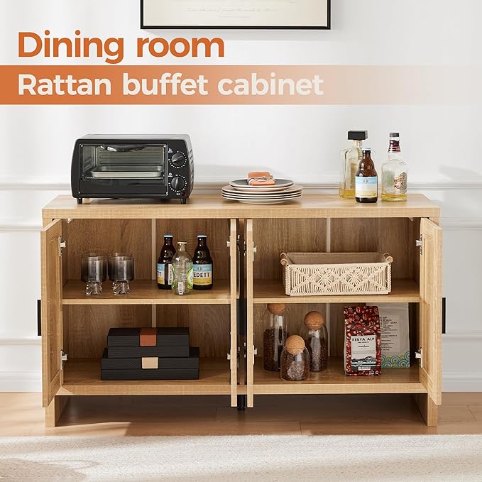 Mericonia Rattan Buffet Cabinet with Storage, Sideboard with Doors, Console Table, Farmhouse Coffee Bar, Modern Wood Long Cabinets for Livingroom, Kitchen(Driftwood Gray)