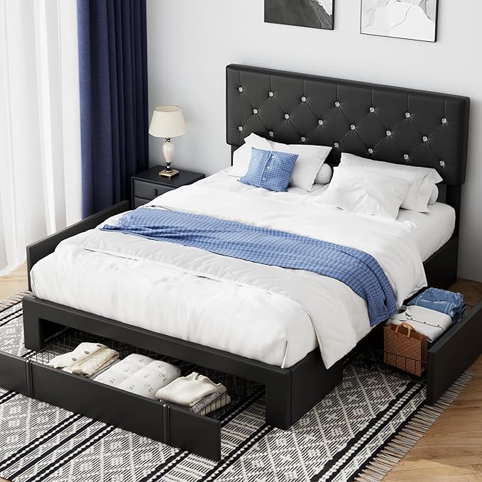 VECELO Full Size Bed Frame with 3 Storage Drawers, Leather Upholstered with Diamond Tufted Headboard, Solid Wood Slat Support, No Box Spring Needed, PU Black