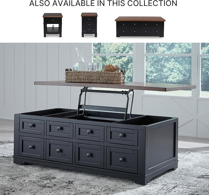 Signature Design by Ashley Wildenauer Lift Top Cocktail Table, Satin Finish Base, 2 Drawers, 2 Storage Bins, Hardwood Solids, 52" W x 28" D x 19" H, Light Brown & Black